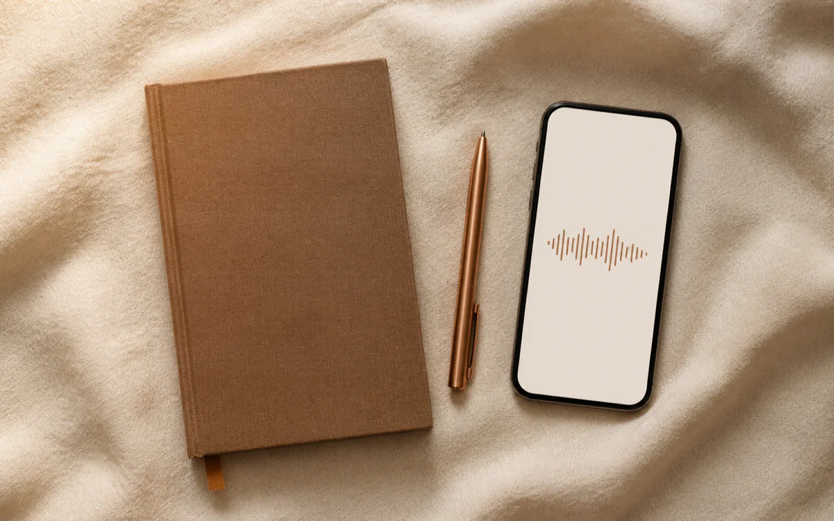 Journal and pen beside a phone showing an abstract audio waveform